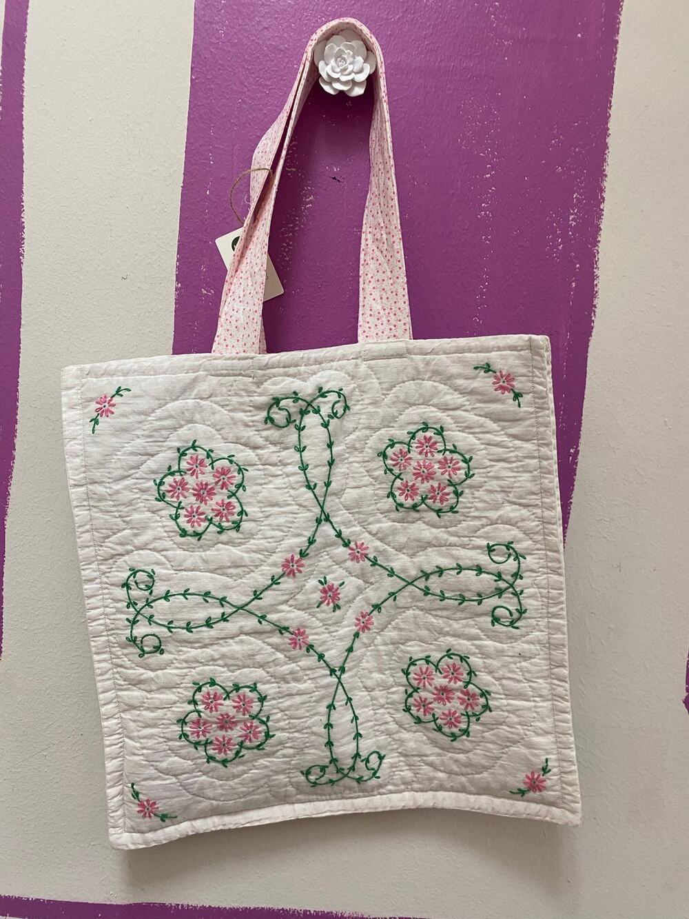 Upcycled Vintage Quilted Bag Coquette White Pink Quilt Tote Handmade 80s Fabric